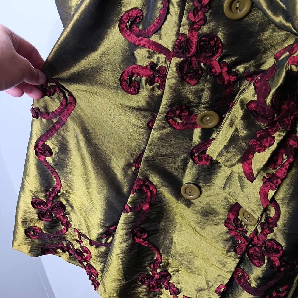 VTG Trench Coat M Green Red Rosette Double Breasted Avant Garde Runway Couture - Picture 7 of 11
